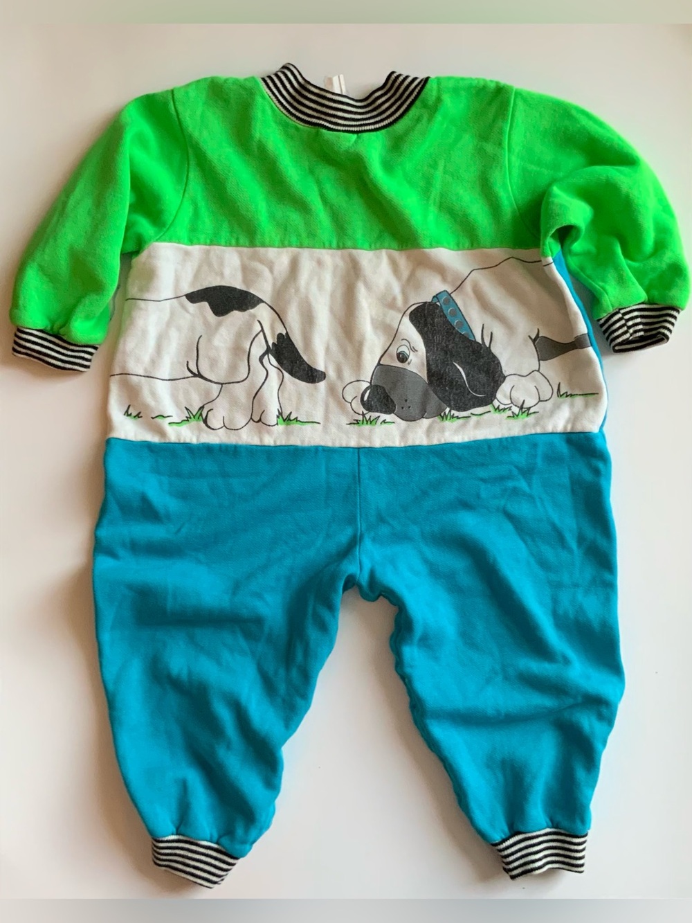 Vintage 80s Bright Green & Teal Puppy Print Baby One-Piece